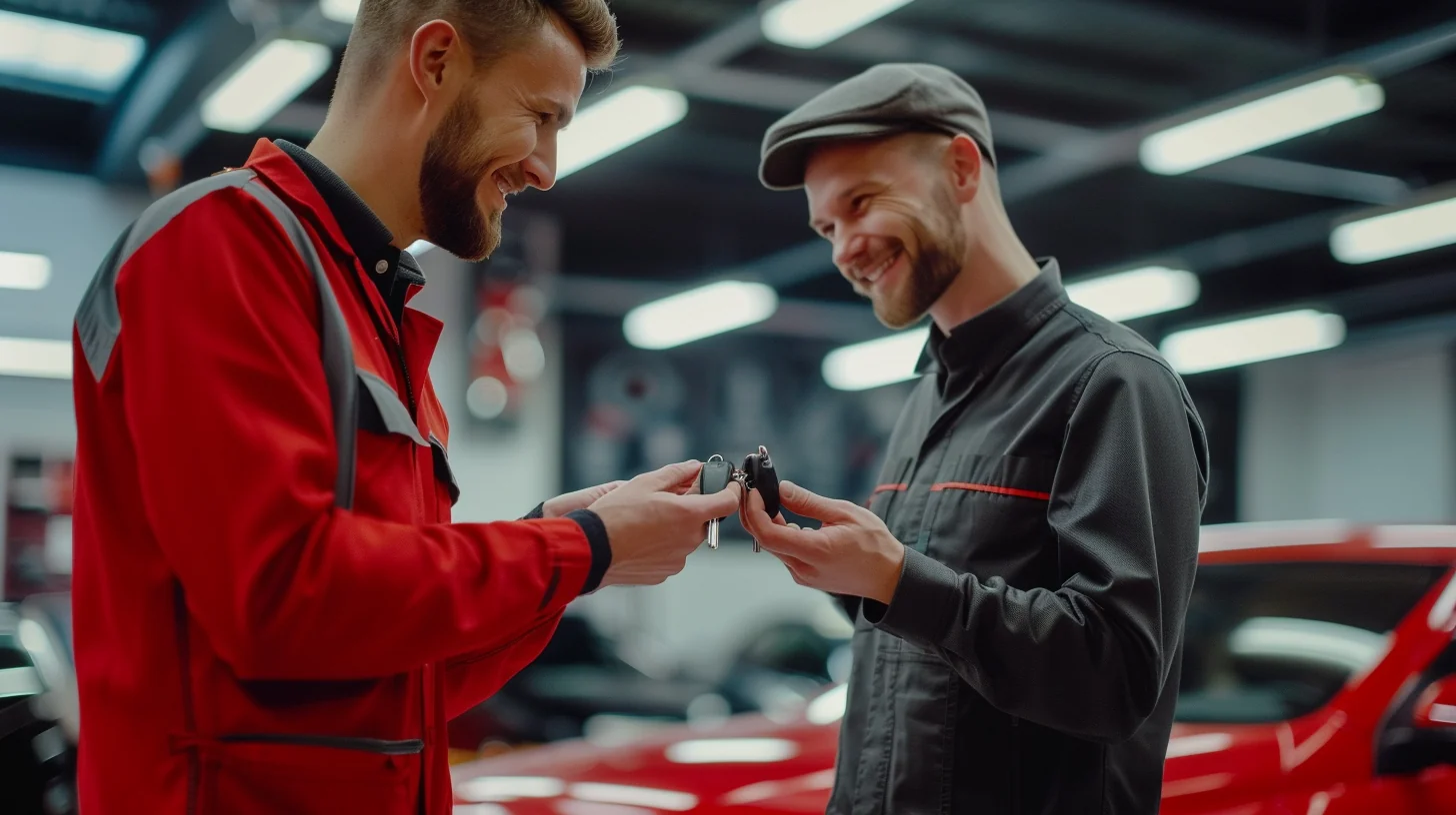 Auto technician handing car keys to customer