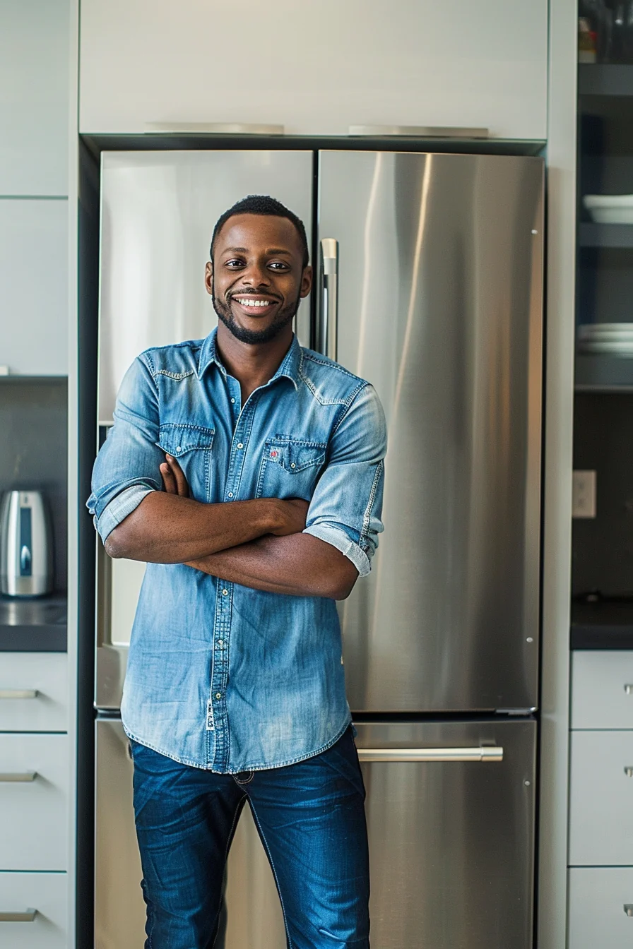 African-American man proudly standing beside new refrigerator in kitchen