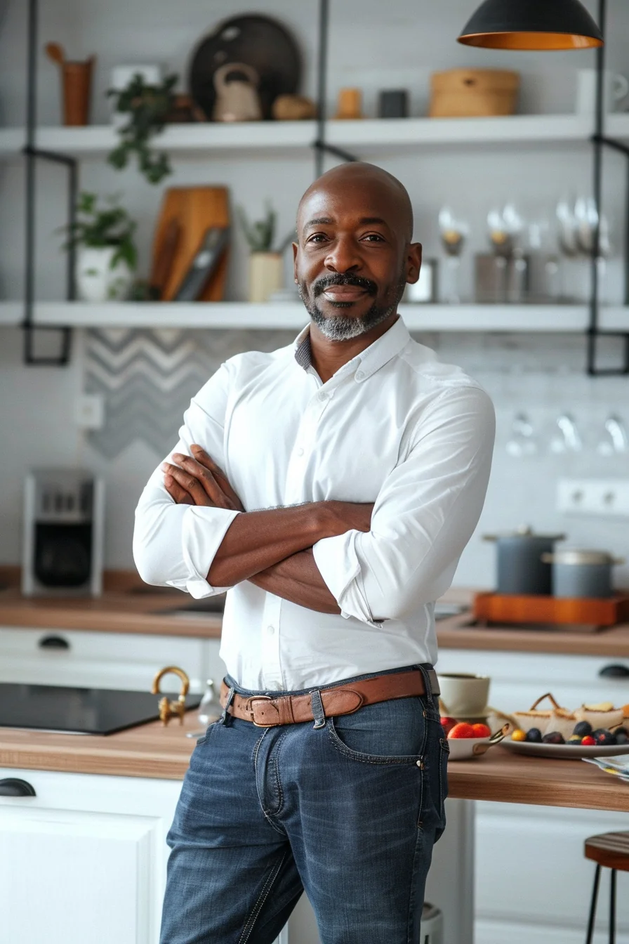 Confident American man reviewing Sunbit credit options in his kitchen