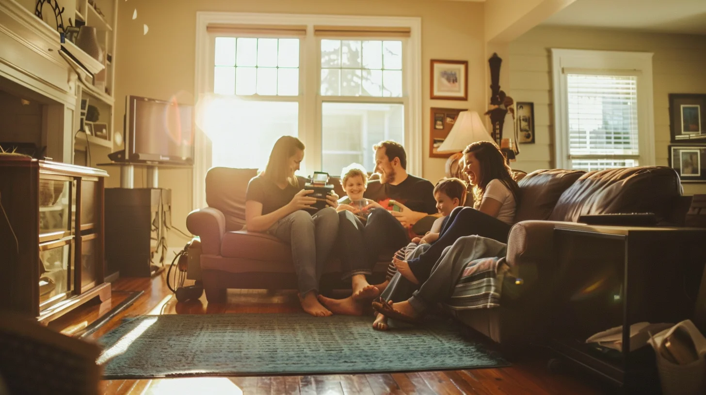 Happy American family enjoying their newly furnished suburban living room purchased with Sunbit payment plans