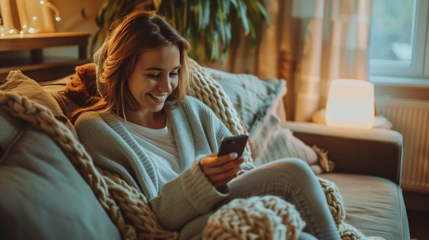 American woman smiling while reading positive review on phone