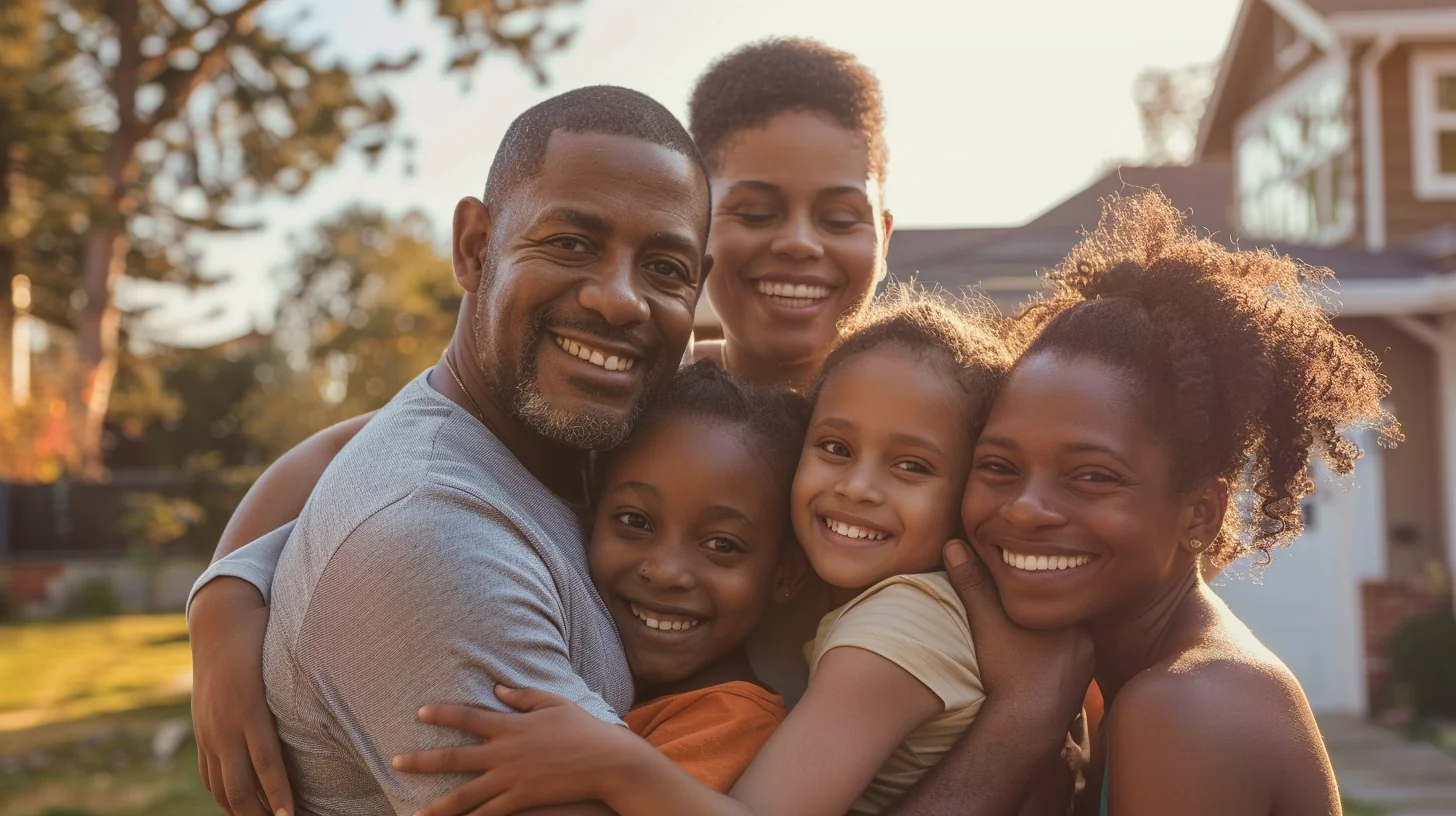 Proud American family standing in front of their beautifully renovated home