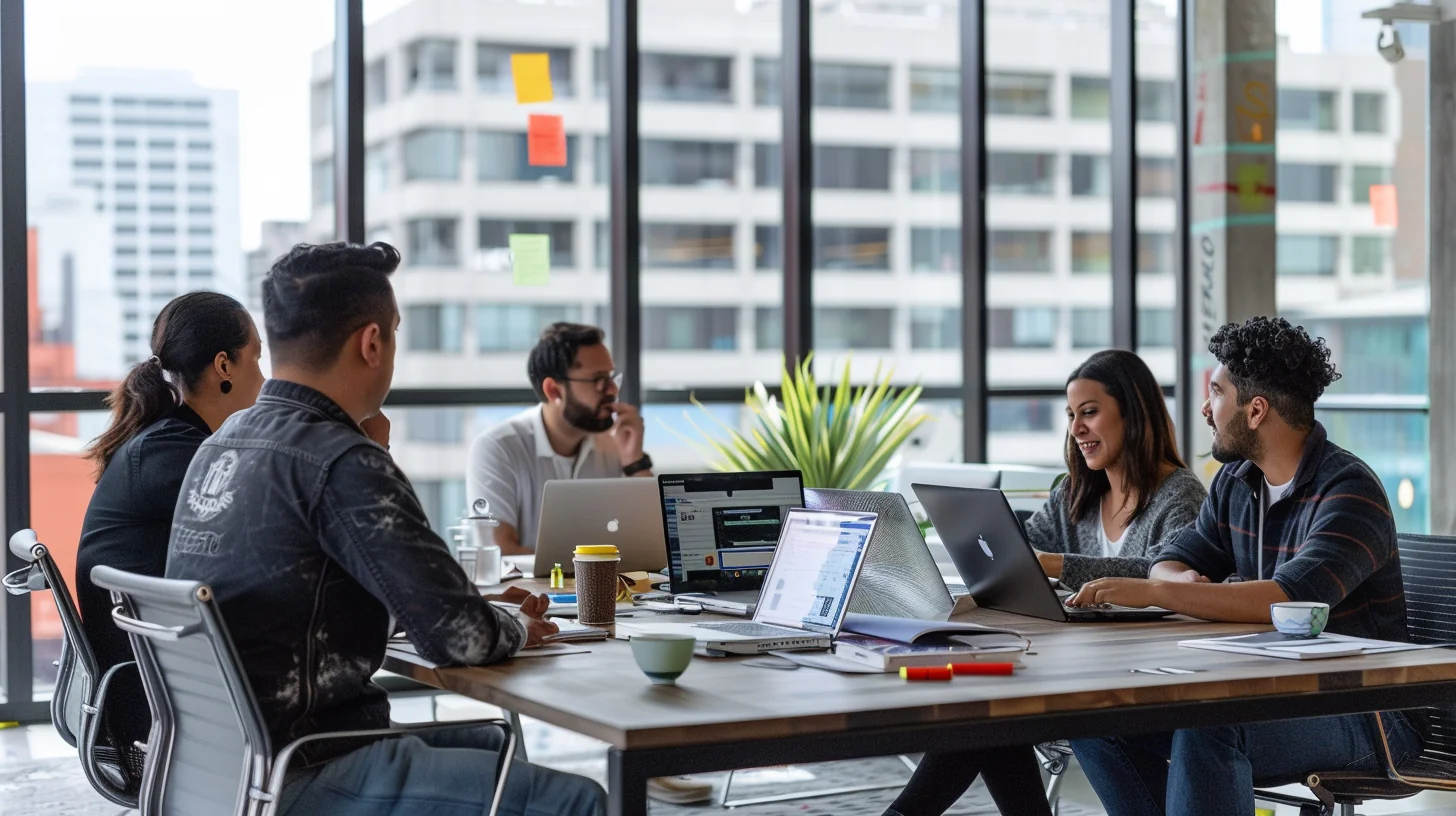 Modern American fintech team collaborating at open-plan office for Sunbit payment plan platform